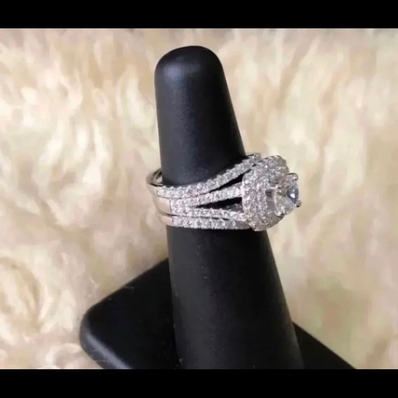 3 pcs 925 Silver Engagement Ring Wedding Band Set - Picture 3 of 5